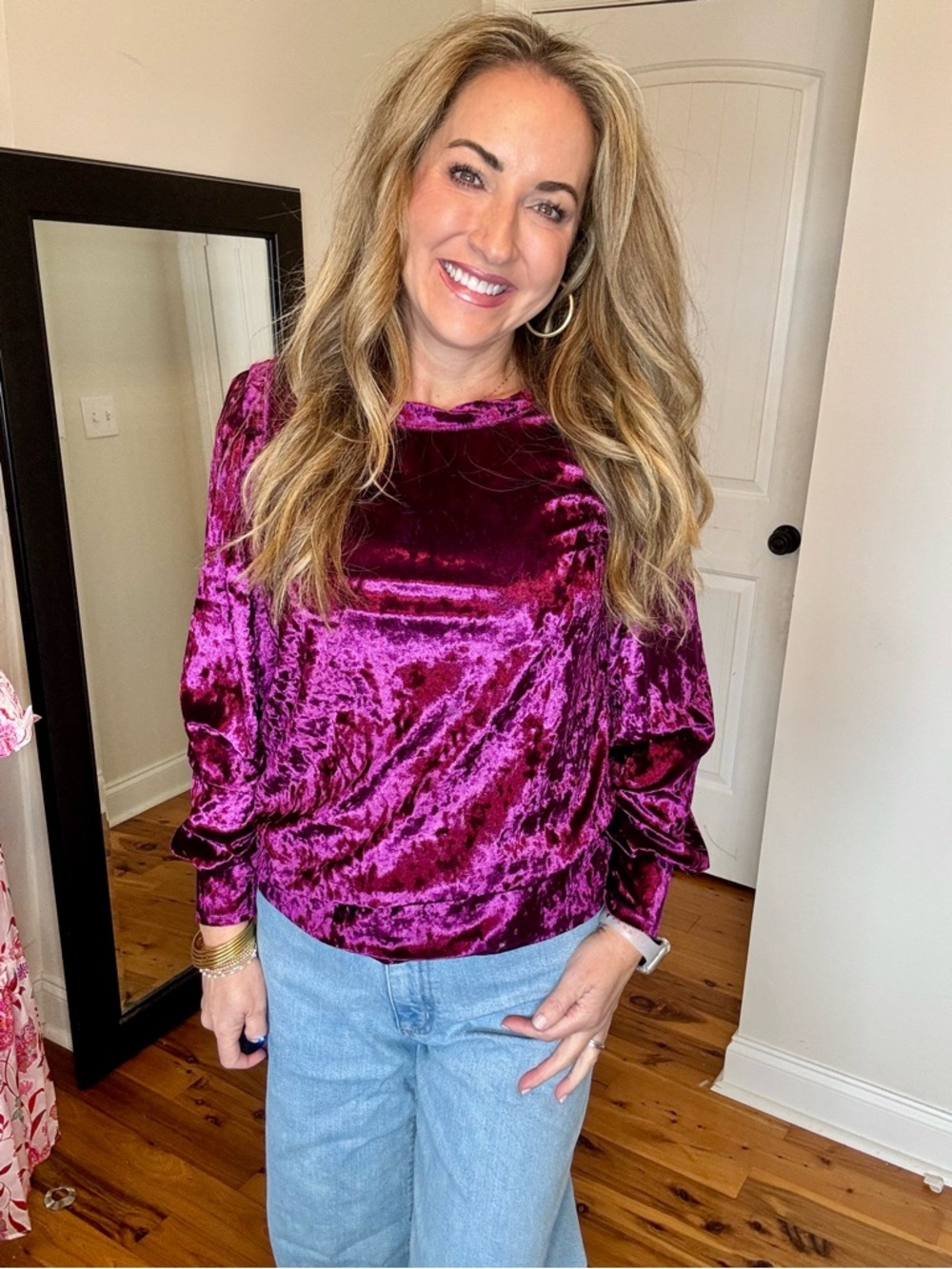 BiBi Velvet Long-Sleeve Top in Magenta
